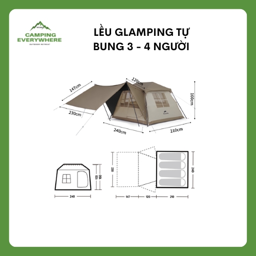 Lều Glamping tự bung 3 - 4 người