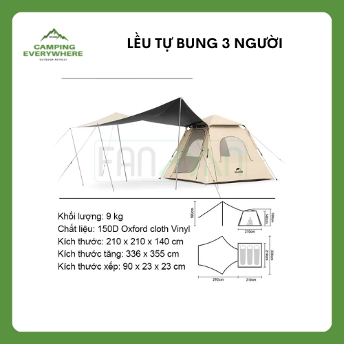 Lều tự bung 3 người kèm tăng Naturehike Ango CNK2300ZP014